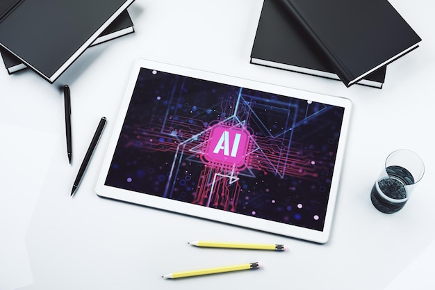 Creative artificial Intelligence symbol concept on modern digital tablet display Top view 3D Rendering