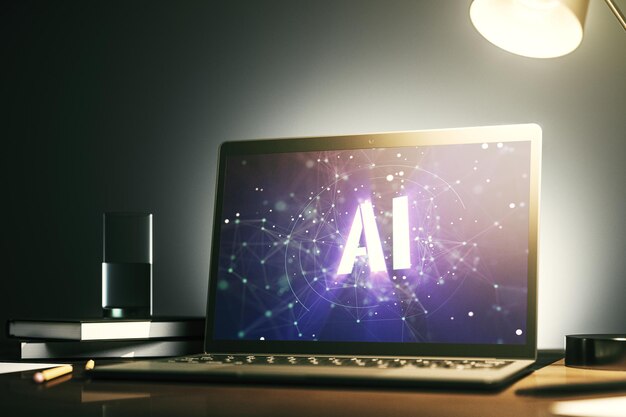 Creative artificial Intelligence symbol concept on modern laptop screen 3D Rendering