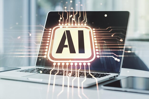 Creative artificial Intelligence symbol concept with modern laptop on background Multiexposure