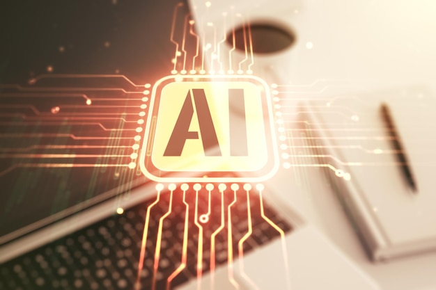 Creative artificial Intelligence symbol concept with modern laptop on background Multiexposure