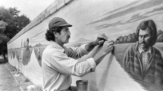 Photo creative artist painting a mural on a large wall in an outdoor setting