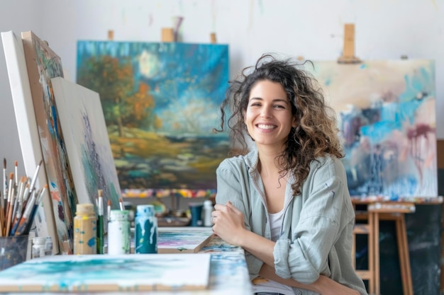 Photo creative artist in a white studio surrounded by canvases and art supplies smiling as she works