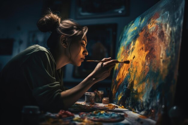 Photo a creative artist young woman painting a vibrant masterpiece on a canvas the background showcases th