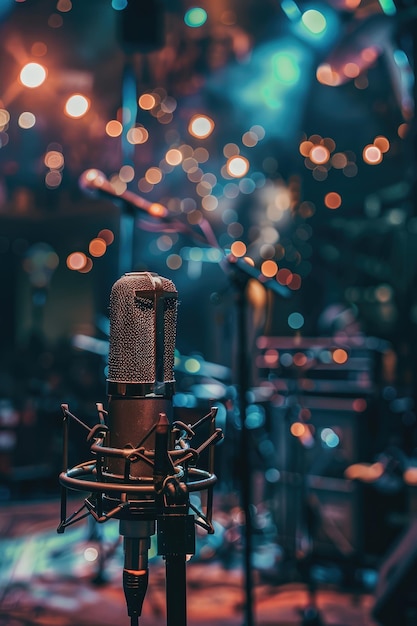 Creative Atmosphere Whimsical Microphone in Concert Hall Illuminated by Ambient Lighting