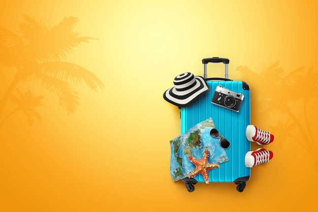 Creative background, blue suitcase, sneakers, map on a yellow background