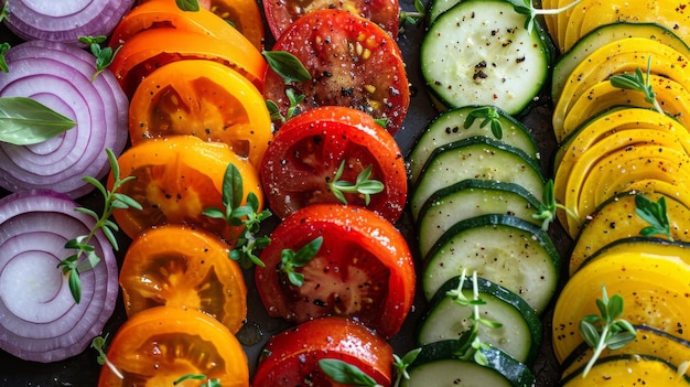 Creative background of mixed sliced vegetables Tomatoes cucumbers pepper onion colorful vegetarian dish generously seasoned with aromatic spices and garnished with microgreens Closeup