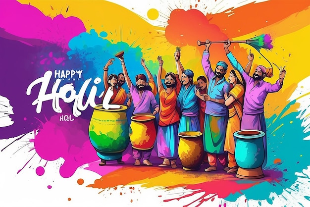 Photo creative banner of happy holi text festival traditionalcolorful background people playing with gulal