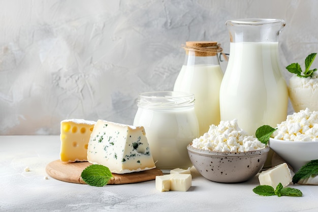 Creative banner for healthy farm dairy products store Assortment of dairy products on light table