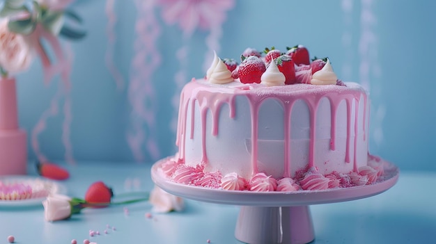 Creative Birthday Cake Decorating with Pink Icing and Strawberries