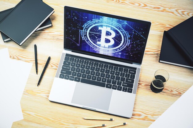 Creative Bitcoin concept on modern laptop screen 3D Rendering