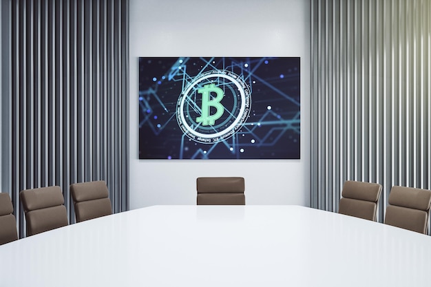 Creative Bitcoin concept on presentation screen in a modern conference room 3D Rendering