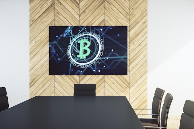 Creative Bitcoin concept on presentation screen in a modern conference room 3D Rendering