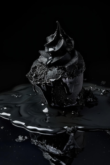 Creative black ice cream in cone on black background