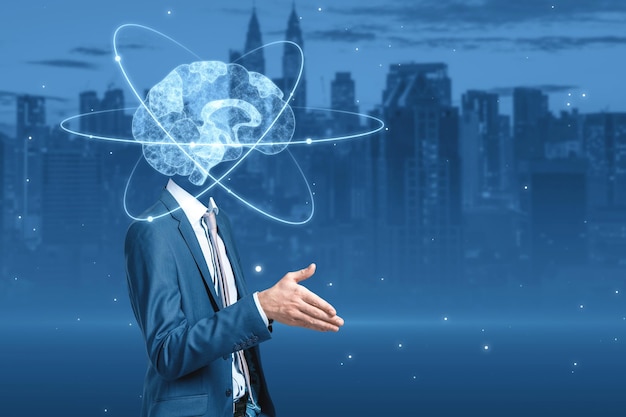 Creative blue atom brain head businessman shaking hand on blurry city background with mock up place Neurology anatomy ai and machine learning concept