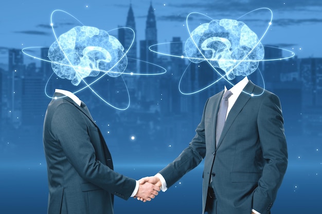 Creative blue atom brain headed businessmen shaking hands on blurry city background Neurology teamwork anatomy ai and machine learning concept