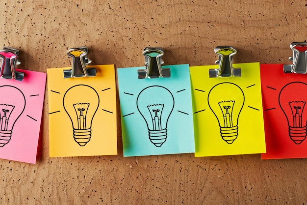 Photo creative brainstorming concept with lightbulb drawing on colorful sticky notes