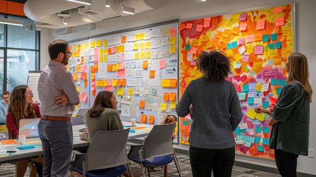 Creative Brainstorming Session A vibrant meeting room with colorful walls whiteboards covered in ide