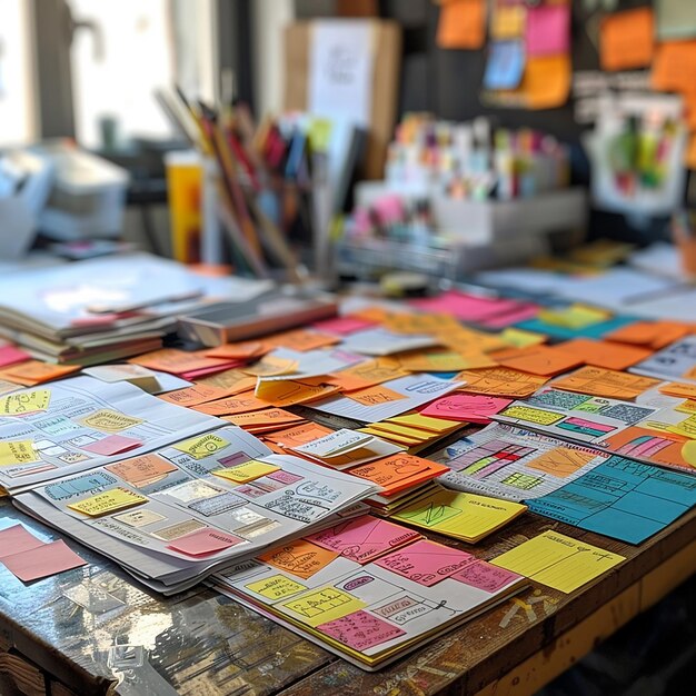 Photo creative brainstorming session with colorful sticky notes and ideas