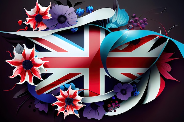 Creative british style background with flowers and united kingdom uk flag illustration Generative AI