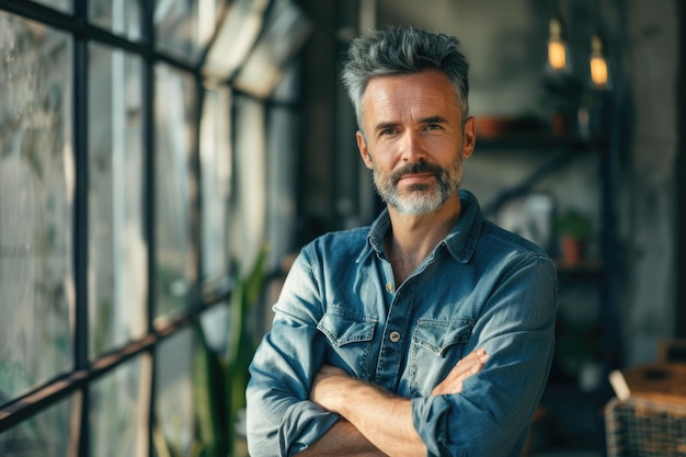 Creative Businessman in Casual Office Lounge Area Arms Crossed Looking at Camera