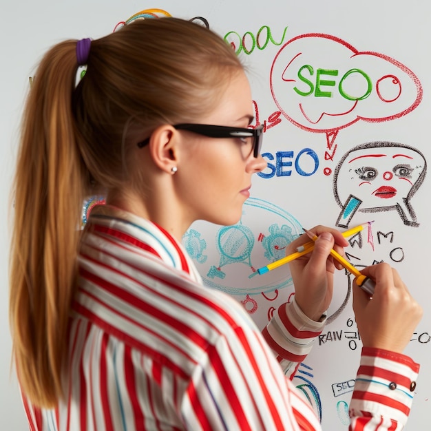 Photo creative businesswoman drafting seo strategy on whiteboard