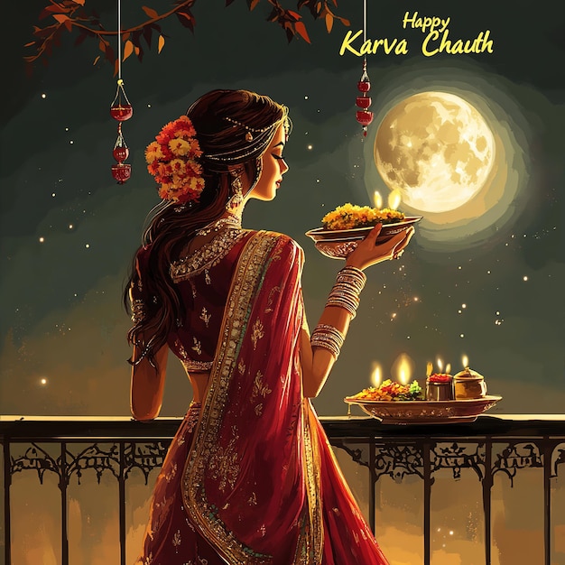 Photo creative card and poster banner for karwa chauth or karwa chauth poojan with nice background