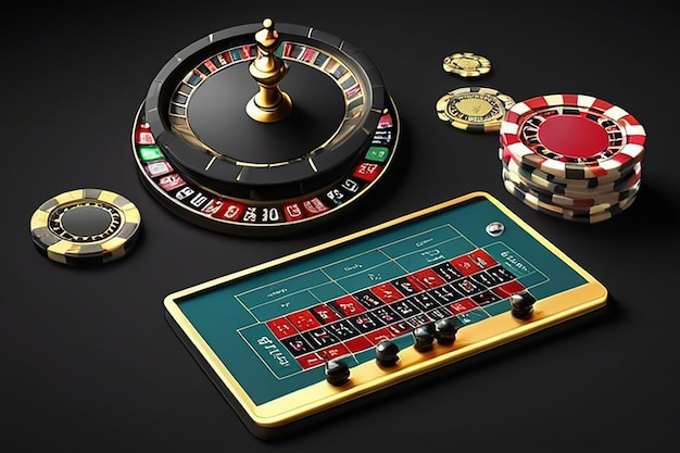 Creative casino template background design with black gold playing chips and roulette The concept of roulette gambling entertainment a hat for the site