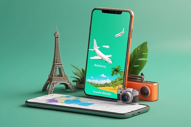 Creative cellphone with travel items Online trip booking concept on green background