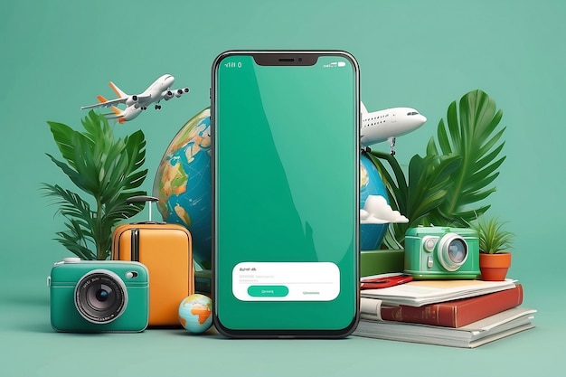 Creative cellphone with travel items Online trip booking concept on green background