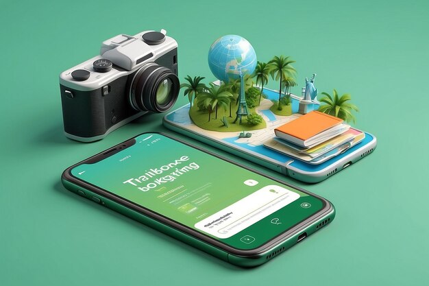 Creative cellphone with travel items Online trip booking concept on green background