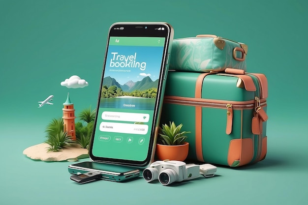 Creative cellphone with travel items Online trip booking concept on green background