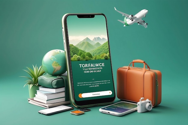 Creative cellphone with travel items Online trip booking concept on green background