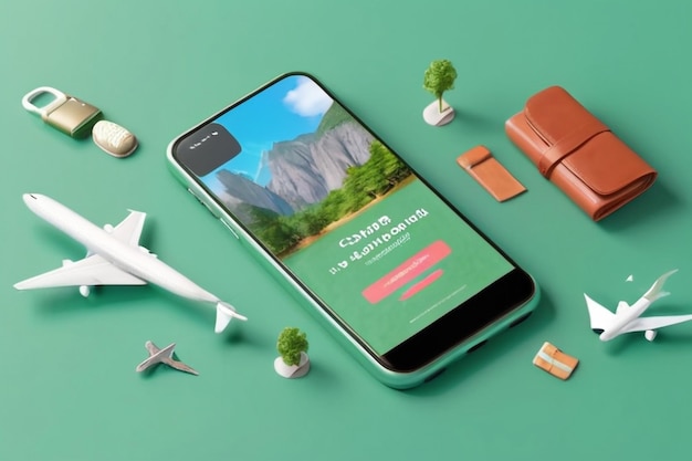 Creative cellphone with travel items Online trip booking concept on green background