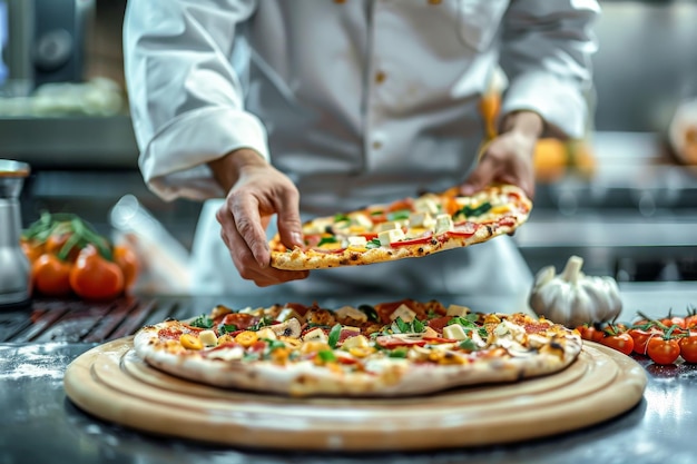 Creative Chef Applying Final Seasonings to Tempting Pizza Delight