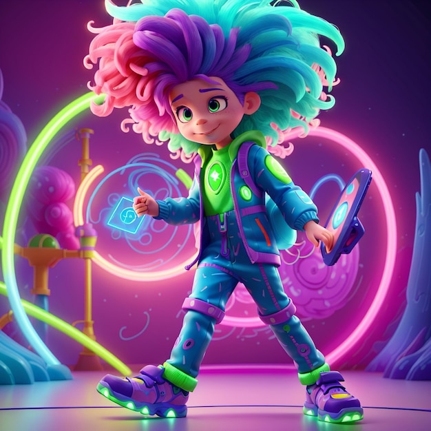 A creative child with a wild mop of multicolored neon hair that resembles an aurora