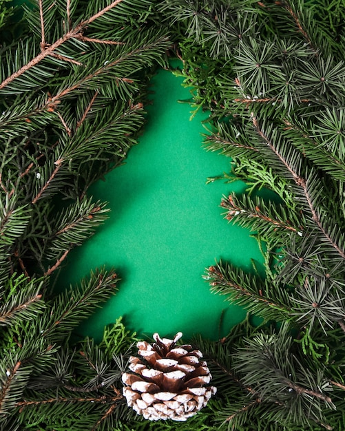 Creative Christmas composition made of fir tree branches in christmas tree shape with pine cone on green wooden vertical layout flat lay top view