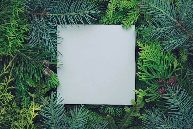 Creative christmas mockup of pine and juniper branches with a white blank card