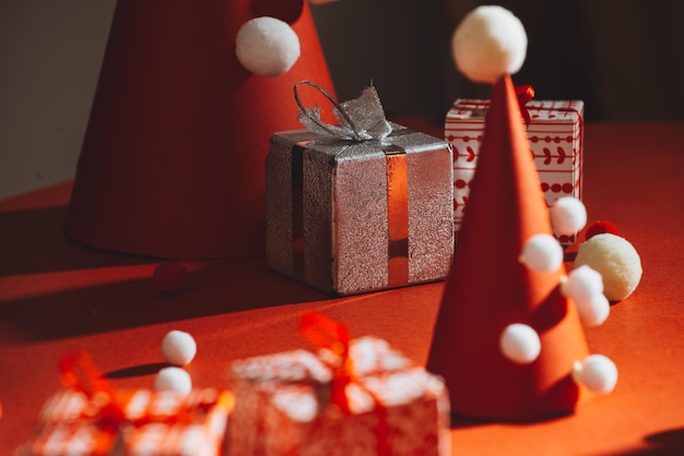 Creative Christmas tree made of paper on red background