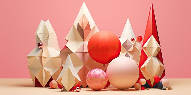 Photo creative christmas tree with golden and red balls isolated on pink background banner for new years