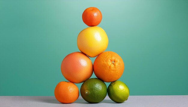 Photo creative citrus balance pyramid of grapefruit lime orange lemon and tangerine