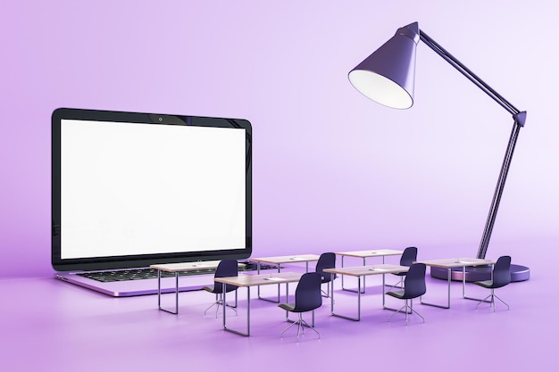 Creative classroom with empty white laptop chalkboard on purple background with lamp Online education and webinar concept 3D Rendering