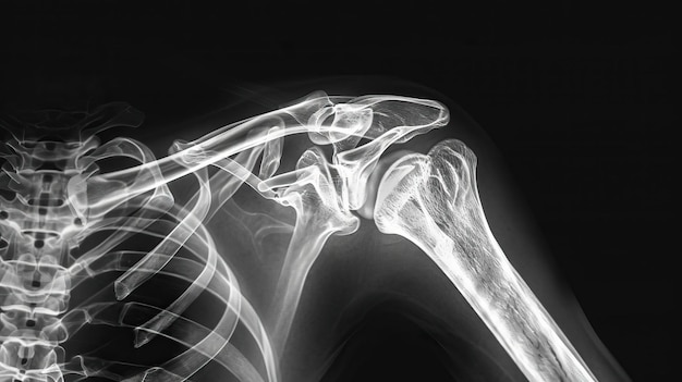 A creative and clear Xray representation of the shoulder and spine designed specifically for a chiropractic pain consultation ad emphasizing the scapula and vertebrae alignment