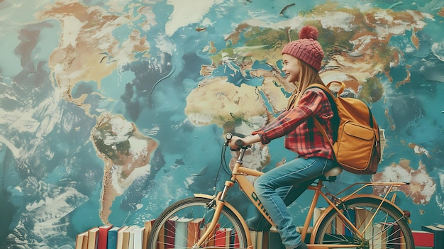 Photo creative collage of cheerful girl riding bicycle returning to school with books and globe