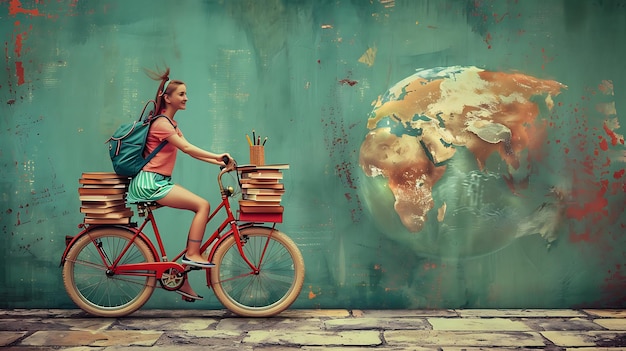 Photo creative collage of cheerful girl riding bicycle returning to school with books and globe