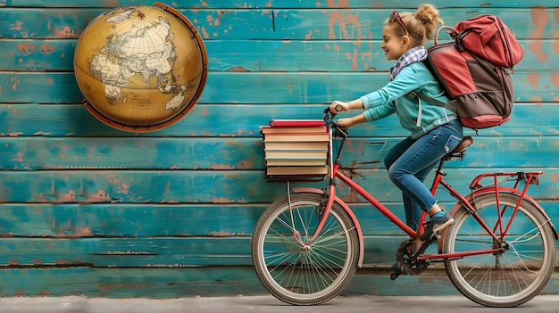 Photo creative collage of cheerful girl riding bicycle returning to school with books and globe