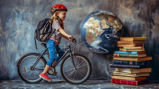 Photo creative collage of cheerful girl riding bicycle returning to school with books and globe