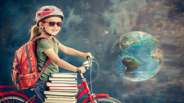 Creative collage of cheerful girl riding bicycle returning to school with books and globe