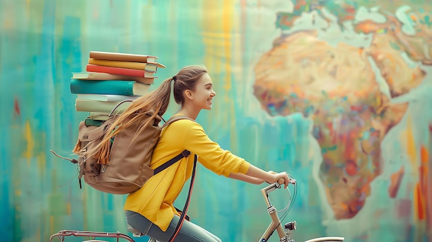 Photo creative collage of cheerful girl riding bicycle returning to school with books and globe