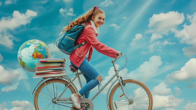 Photo creative collage of cheerful girl riding bicycle returning to school with books and globe