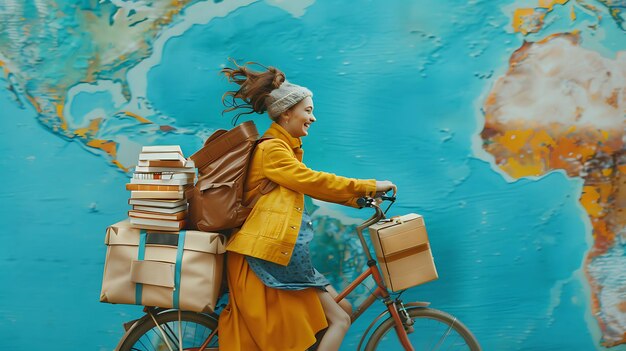 Photo creative collage of cheerful girl riding bicycle returning to school with books and globe